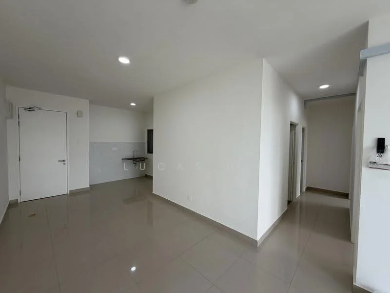 Room features: white painted walls, glossy ceramic tile flooring, recessed downlights, single door, multiple doorways, window, corner wall, neutral color scheme; style: modern.