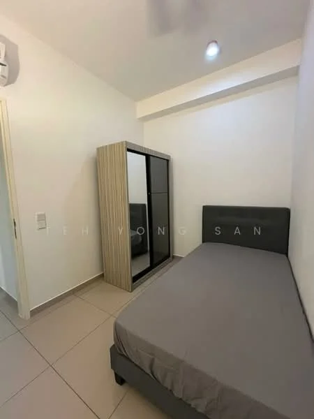 Bedroom features: single bed with grey bedding, built-in wardrobe with mirrored doors, white painted walls, tile flooring, ceiling light, wall-mounted air conditioning unit, window with no visible treatment; style: modern.