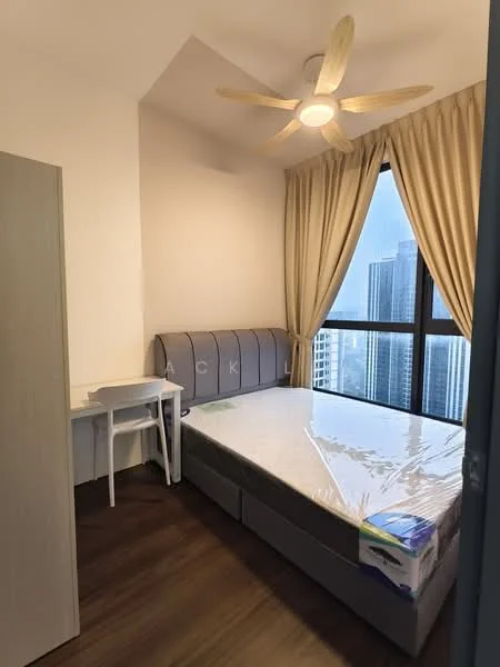 Bedroom features: queen-size bed, upholstered headboard, wooden flooring, floor-to-ceiling windows, curtains, ceiling fan with light, study desk, white painted walls; style: modern; view: city.