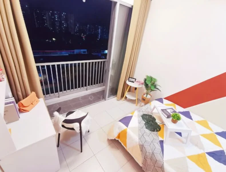 Bedroom features: queen-size bed with patterned bedding, white walls, grey accent wall, floor-to-ceiling windows, sliding glass door, curtains, white bedside table, decorative plant in ceramic pot, study desk, chair, tile flooring; style: modern; view: city.