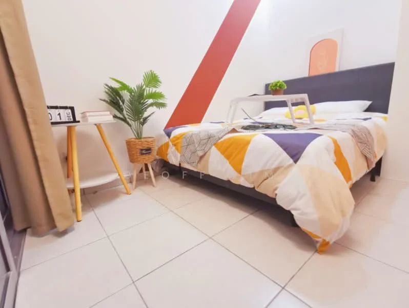 Bedroom features: queen-size bed with patterned bedding, decorative wall art, side table with a plant, white ceramic planter, tiled flooring, window with curtains, accent wall in red, table with a book and clock; style: modern.