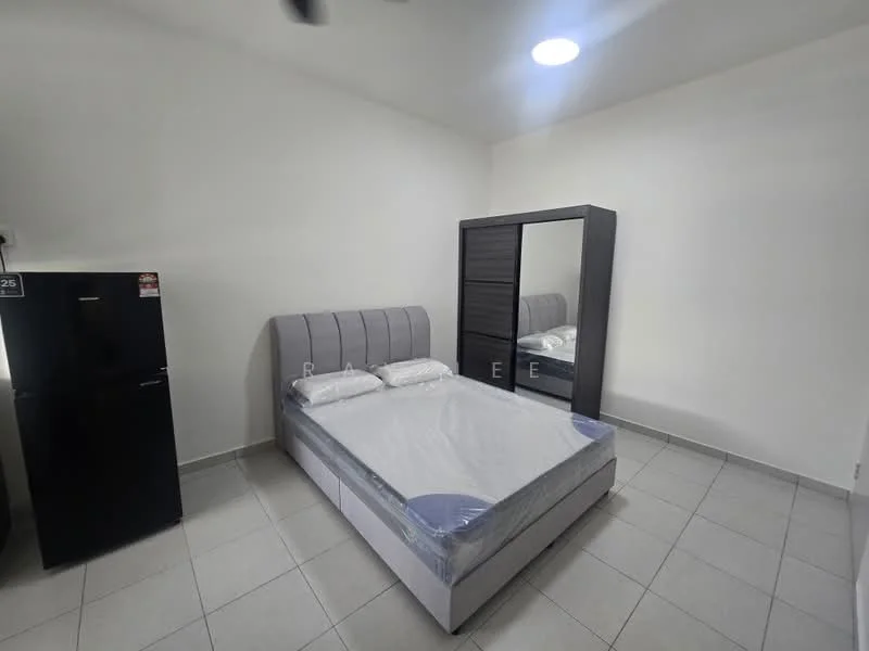 Bedroom features: queen-size bed, upholstered headboard, built-in wardrobe with sliding doors, white painted walls, tile flooring, ceiling light, fridge, window with blinds; style: modern.