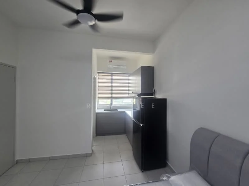 Bedroom features: light grey upholstered headboard, queen-size bed, 2 bedside lamps, black dresser, floor-to-ceiling window, roller blinds, 1 wall-mounted split AC, ceiling fan with light, white painted walls, tile flooring; style: modern.