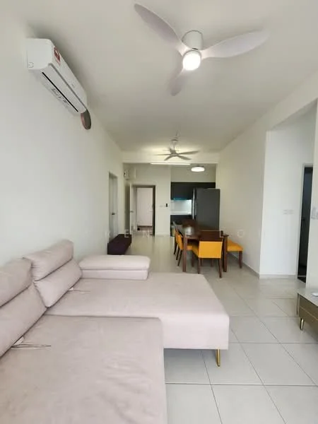 Living features: L-shape sectional sofa in light beige, 5-blade ceiling fan with integrated LED light, wall-mounted split AC, tile flooring, white painted walls, dining table with yellow chairs, refrigerator, open layout to kitchen, natural light from windows, neutral color palette; style: modern.