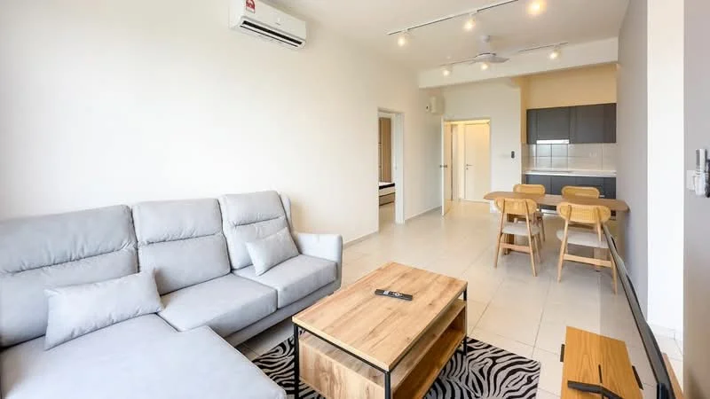 Living features: 3-seater fabric sofa in grey, wood coffee table, TV remote on coffee table, floor tiles in light color, ceiling fan, recessed LED downlights, wall-mounted air conditioning unit, decorative area rug with zebra pattern; style: modern. Dining features: 4-seater wooden dining table, wooden dining chairs, open layout to kitchen, floor tiles in light color; style: modern.