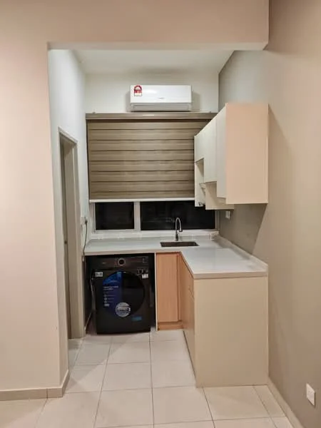 Laundry features: white painted walls, light grey accent wall, tile flooring, single-bowl stainless-steel sink, chrome pull-down faucet, light wood cabinetry, white countertop, front-load washing machine, wall-mounted split AC, roller blinds; style: modern.