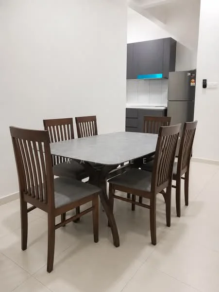 Dining features: 6-seater dining table with grey tabletop, wooden dining chairs with grey upholstery, white painted walls, tile flooring, kitchen cabinetry visible in background, stainless-steel fridge visible in background, recessed ceiling lights; style: modern.