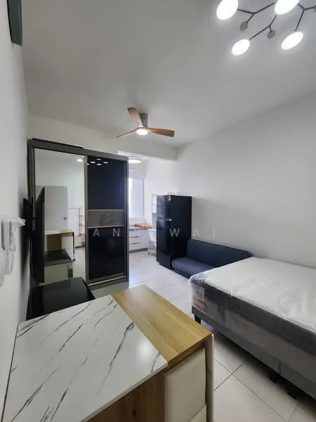 Bedroom features: single bed, upholstered headboard, sofa in navy blue, wall-mounted TV, ceiling fan, built-in wardrobe with sliding doors, marble-top bedside table, white painted walls, tile flooring, window with natural light; style: modern.