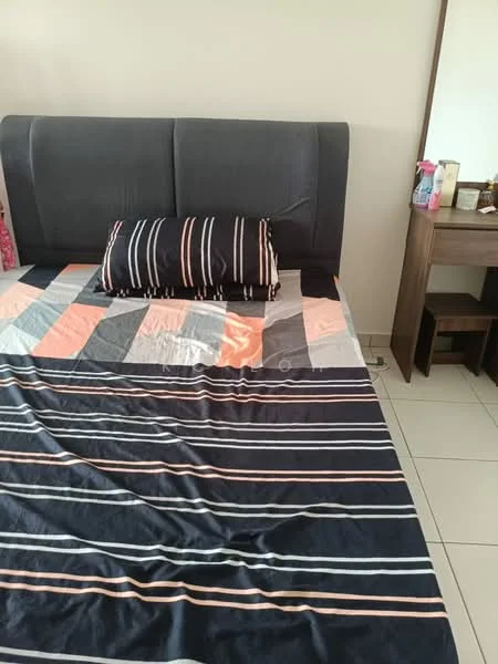 Bedroom features: queen-size bed with grey upholstered headboard, striped bedding in orange, grey, and black, wooden bedside table, mirror on the wall, decorative items on the dresser, white tiled flooring, neutral painted walls; style: modern.