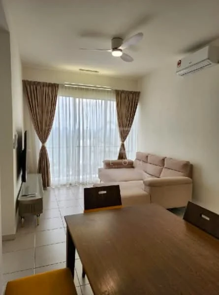 Living features: 3-seater fabric sofa in light beige, ceiling fan with light, floor-to-ceiling windows, sheer curtains, wall-mounted TV, TV console, tile flooring, air conditioning unit, decorative wall art; style: modern; view: city.