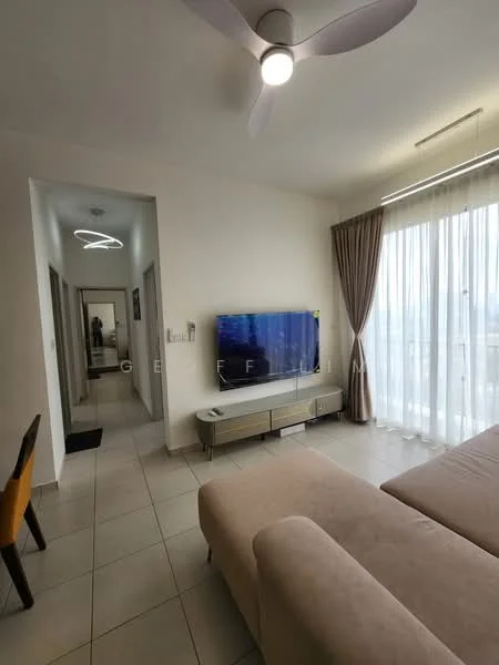 Living features: beige fabric sofa, wall-mounted TV, light wood TV console, 5-blade ceiling fan with light, floor-to-ceiling windows with sheer curtains, neutral painted walls, tile flooring, area rug, decorative wall light; style: modern; view: city. Hallway features: neutral painted walls, tile flooring, recessed ceiling lights; style: modern.
