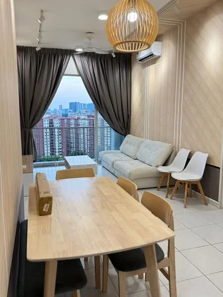 Living features: sofa in light fabric, wooden dining table, 4 wooden dining chairs, floor-to-ceiling windows, city view, curtains in dark fabric, wall-mounted split AC, light wood paneling on walls, recessed downlights, light-colored tiled flooring; style: modern; view: city.