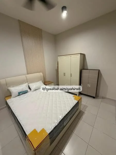 Bedroom features: queen-size bed, upholstered headboard, white bedding, two bedside pillows, light-colored wardrobe, tall storage cabinet, white painted walls, tile flooring, ceiling fan, recessed ceiling light; style: modern.