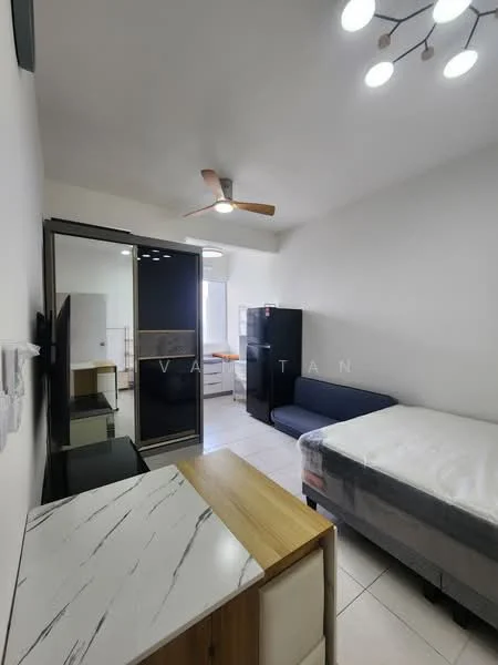 Bedroom features: single bed, sofa in navy blue, black wardrobe with sliding doors, stainless-steel fridge, wooden bedside table with marble top, ceiling fan, wall-mounted TV, tile flooring, window with natural light, decorative light fixture; style: modern.