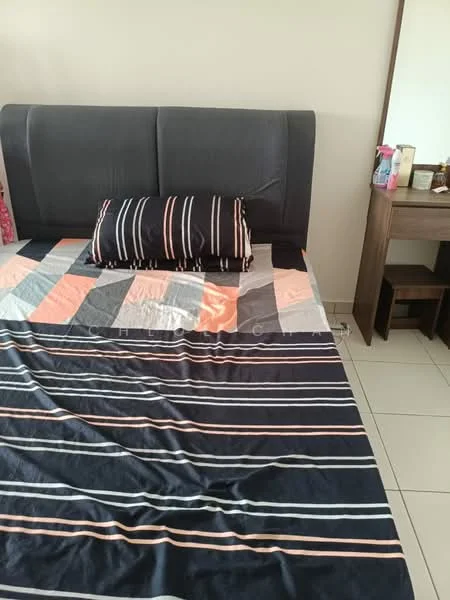 Bedroom features: king-size bed with upholstered headboard, striped bedding in navy and orange, decorative pillow, wooden bedside table, mirror on the wall, cream painted walls, tile flooring; style: modern.