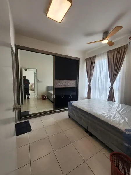 Bedroom features: queen-size bed, upholstered headboard, floor-to-ceiling mirror wardrobe, curtains, 5-blade ceiling fan, tile flooring, white painted walls, window with natural light; style: modern.