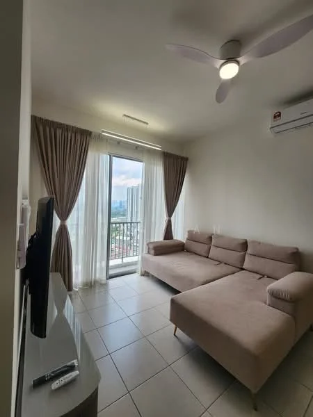 Living features: L-shape sectional sofa in beige, wall-mounted TV, TV console, floor-to-ceiling windows, sheer curtains, blackout curtains, 5-blade ceiling fan with light, air conditioning unit, ceramic tile flooring, decorative wall, area rug; style: modern; view: city.