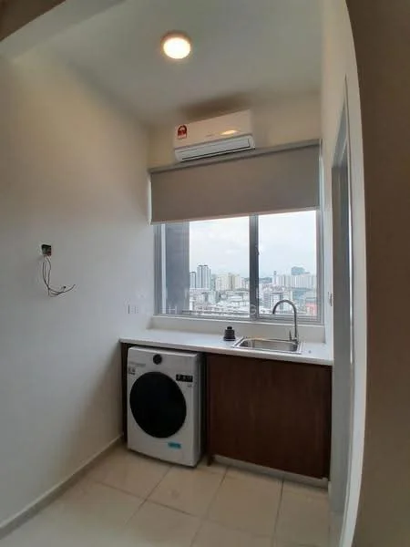 Laundry features: single-bowl stainless-steel sink, built-in cabinetry in brown, front-load washing machine in white, wall-mounted split AC, large window with city view, roller blinds, light-colored wall, tile flooring; style: modern; view: city.
