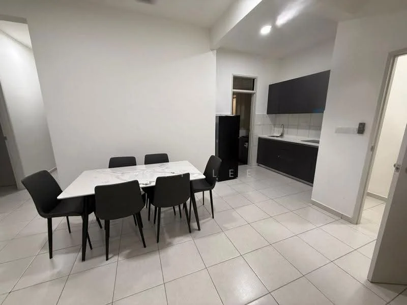 Dining features: 6-seater dining table with marble top, black dining chairs, white painted walls, tile flooring, recessed downlights, open layout to kitchen, fridge, kitchen cabinetry in dark color, countertop, window for natural light; style: modern. Kitchen features: dark cabinetry, white tiled backsplash, stainless-steel fridge, sink, countertop, oven, cooktop, tile flooring; style: modern.