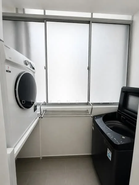 Laundry features: front-loading washing machine in white, top-loading washing machine in black, window with frosted glass, light grey tiled flooring, built-in countertop, drying rack, white walls; style: modern.
