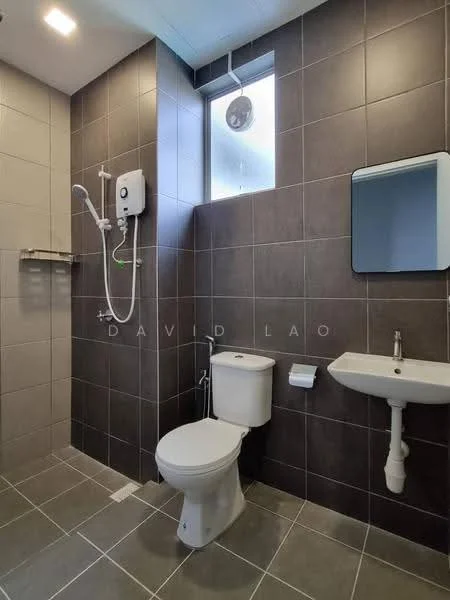 Bathroom features: grey tiled walls, white ceramic toilet, wall-mounted sink, chrome faucet, mirror above sink, shower with wall-mounted showerhead, electric water heater, window for natural light, grey tiled flooring, towel rack; style: modern.