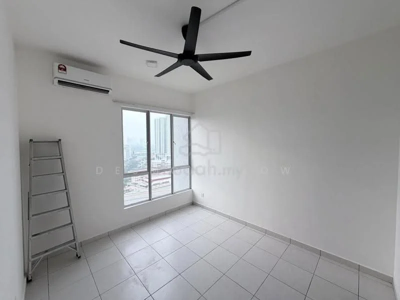Room features: white painted walls, tile flooring, 5-blade ceiling fan, floor-to-ceiling windows, window with city view, wall-mounted split AC, ladder, neutral color scheme; style: modern; view: city.