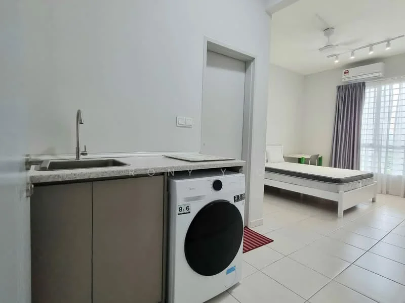Room features: single-bowl stainless-steel sink, granite countertop, front-load washing machine, white walls, tile flooring, ceiling fan, window with sheer curtains, bed with mattress, grey bed frame, red area rug; style: modern.