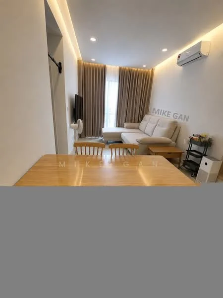 Living features: light grey sectional sofa, wall-mounted TV, wooden dining table, 4 wooden dining chairs, floor-to-ceiling windows, sheer curtains, recessed LED downlights, wall-mounted air conditioning unit, light wood flooring, decorative wall paneling, ceiling with cove lighting; style: modern; view: city.