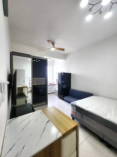 Bedroom features: queen-size bed, upholstered headboard, sofa in navy blue, wall-mounted TV, ceiling fan with light, white painted walls, tile flooring, built-in wardrobe, window with natural light, marble-top side table, refrigerator in black, desk with chair; style: modern.