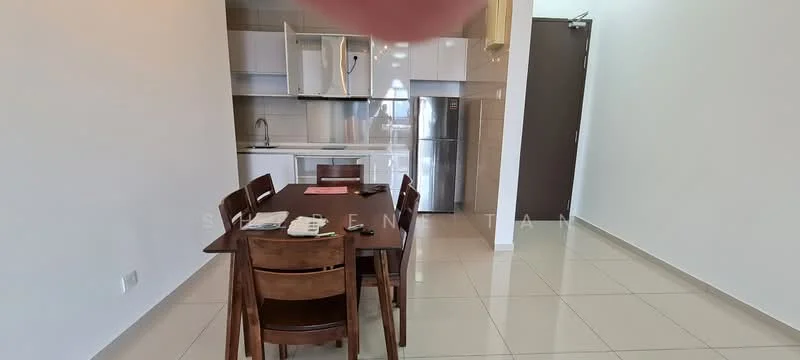 Dining features: 4-seater wooden dining table, brown wooden dining chairs, white walls, glossy tile flooring, refrigerator, built-in kitchen cabinets, stainless-steel sink, kitchen countertop, microwave, wall-mounted kitchen hood; style: modern. Kitchen features: built-in kitchen cabinets, stainless-steel sink, microwave, kitchen countertop, wall-mounted kitchen hood; style: modern.