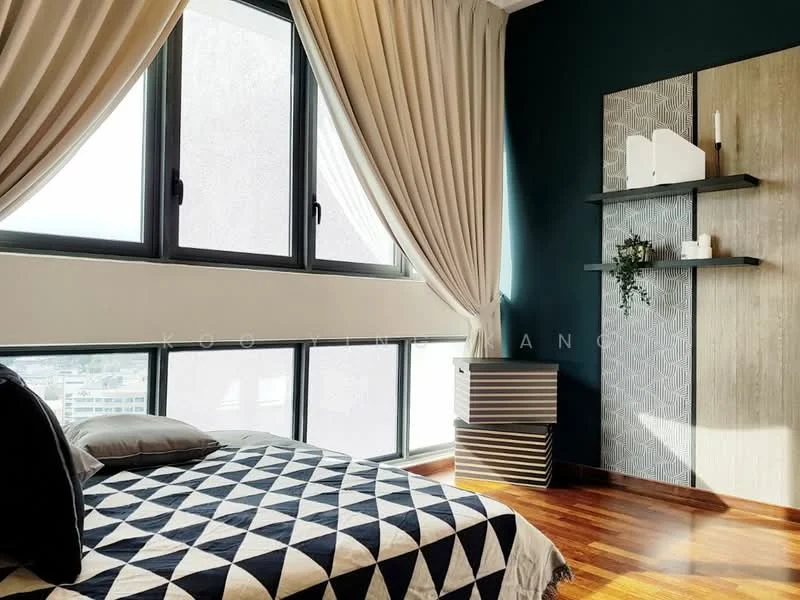 Bedroom features: queen-size bed with patterned bedding, dark blue accent wall, light-colored curtains, floor-to-ceiling windows, wooden flooring, decorative shelving unit, decorative plant on shelf, geometric patterned area rug, stacked storage boxes; style: modern; view: city.