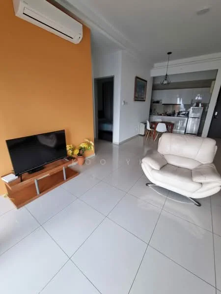 Living features: cream leather armchair, black flat-screen TV on wooden stand, orange accent wall, white tiled flooring, wall-mounted air conditioning unit, decorative potted plants, open layout to dining area, recessed ceiling lights; style: modern.