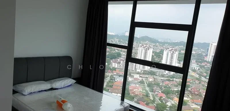 Bedroom features: king-size bed, upholstered headboard, floor-to-ceiling windows, grey curtains, city view, decorative wall, laminate flooring, bedside table, mattress with protective cover; style: modern; view: city.