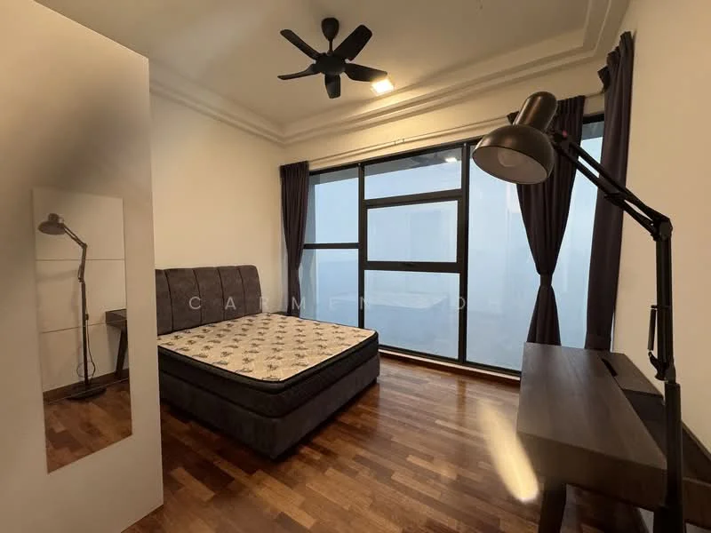 Bedroom features: queen-size bed, upholstered headboard, wooden flooring, floor-to-ceiling windows, blackout curtains, 5-blade ceiling fan, desk with lamp, mirror, decorative wall, wall-mounted light; style: modern; view: city.