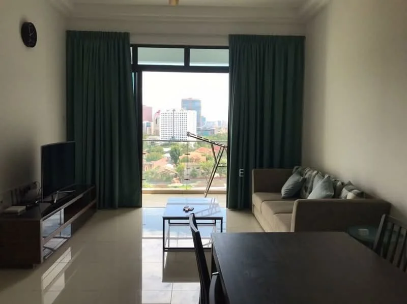 Living features: floor-to-ceiling windows, green curtains, sofa in beige, coffee table, TV console, wall-mounted TV, dining table, 4 dining chairs, area rug, polished tile flooring; style: modern; view: city.