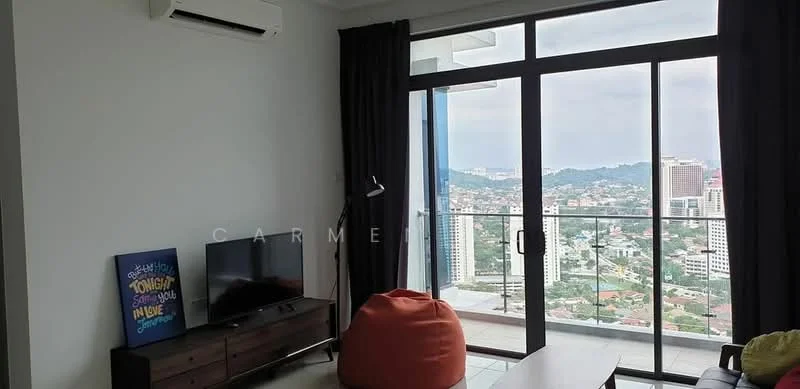 Living features: floor-to-ceiling windows, city view, grey curtains, wall-mounted TV, wooden TV console, bean bag chair, air conditioning unit, light-colored walls, tile flooring; style: modern; view: city.