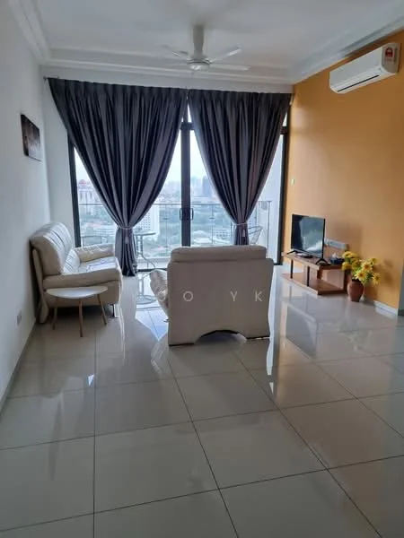 Living features: white painted walls, orange accent wall, glossy tile flooring, 5-blade ceiling fan, floor-to-ceiling windows, sheer curtains, dark grey curtains, 2-seater fabric sofa in cream, coffee table, wall-mounted TV, decorative plant in pot; style: modern; view: city.