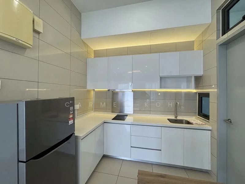 Kitchen features: white flat-panel cabinets, black countertop, single-bowl stainless-steel sink, chrome pull-down faucet, built-in microwave, stainless-steel fridge, ceramic tile flooring, grey tiled walls, recessed LED downlights, window with view, kitchen island, open shelving; style: modern.