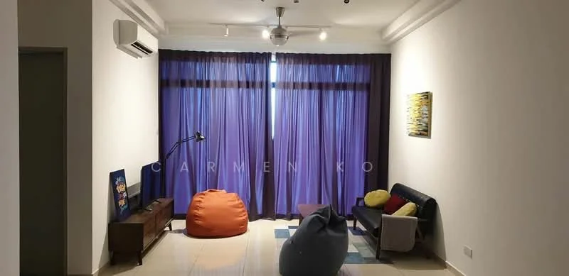 Living features: white painted walls, ceiling fan, 2-seater leather sofa, bean bag chairs, wooden coffee table, floor-to-ceiling windows with purple curtains, decorative artwork on wall, tile flooring, air conditioning unit; style: modern.