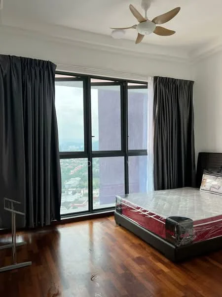 Bedroom features: queen-size bed with mattress, dark wood bed frame, floor-to-ceiling windows, blackout curtains, sheer curtains, wooden flooring, ceiling fan with light, decorative wall art, nightstand, view of city skyline; style: modern; view: city.