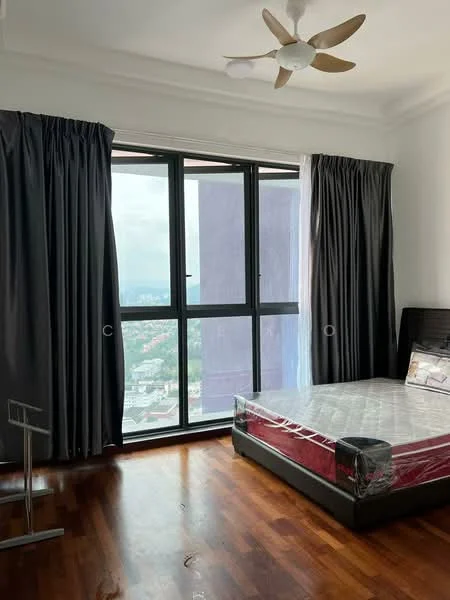 Bedroom features: queen-size bed with mattress, wooden flooring, floor-to-ceiling windows, grey curtains, 5-blade ceiling fan with light, decorative wall, city view, bedside table, bed frame; style: modern; view: city.