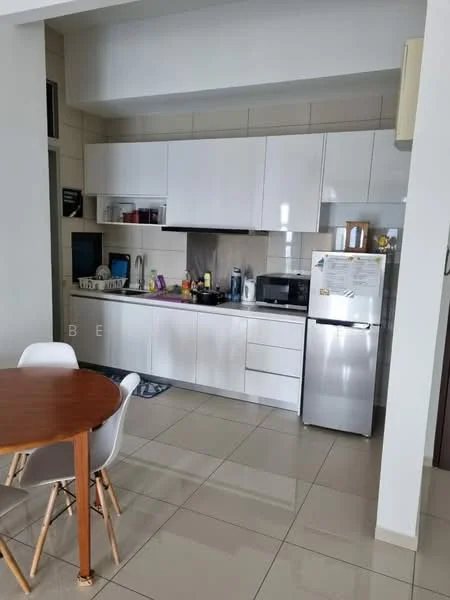 Kitchen features: white flat-panel cabinets, stainless-steel fridge, built-in microwave, freestanding range oven, single-bowl stainless-steel sink, chrome pull-down faucet, ceramic tile flooring, white tiled backsplash, countertop with space for appliances, dining table with wooden surface, four white dining chairs; style: modern.