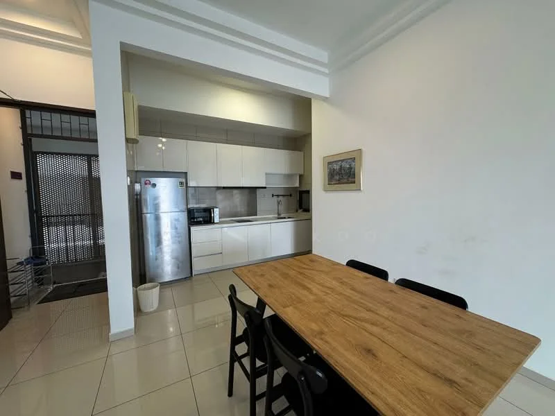 Kitchen features: white cabinetry, stainless-steel sink, chrome pull-down faucet, built-in oven, microwave, ceramic tile backsplash, grey countertop, 4-burner gas hob, refrigerator, pendant lighting, dining table with wooden surface, black dining chairs, cream painted walls, tile flooring; style: modern.