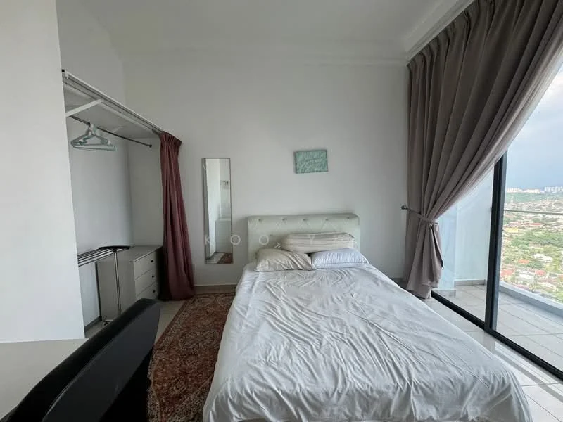 Bedroom features: king-size bed with upholstered headboard, white bedding, floor-to-ceiling windows, curtains in light grey, white painted walls, carpeted area rug, built-in wardrobe with sliding doors, mirror on wall, desk with chair, view of city skyline; style: modern; view: city.