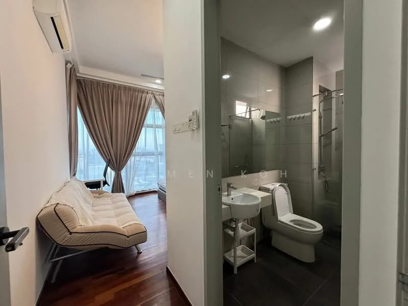 Bathroom features: white ceramic toilet, single-sink vanity with white cabinet, chrome basin mixer faucet, framed mirror, glass shower enclosure, rain shower head, tile cladding on walls, tile flooring; style: modern. Living features: 3-seater fabric sofa in cream, floor-to-ceiling windows, curtains, wooden flooring, air conditioning unit; style: modern; view: city.