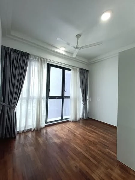 Room features: wooden flooring, white painted walls, 5-blade ceiling fan, floor-to-ceiling windows, sheer curtains, grey curtains, natural light, no visible furniture; style: modern; view: city.