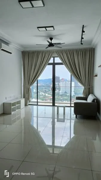 Living features: floor-to-ceiling windows, curtains, 3-blade ceiling fan, white walls, glossy tile flooring, sofa, TV console, decorative wall shelf, city view; style: modern; view: city.