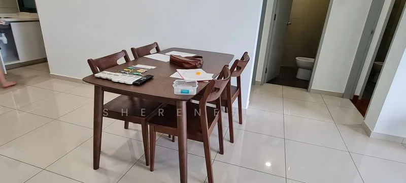 Dining features: wooden dining table, 4 wooden dining chairs, white walls, glossy tile flooring, paper documents on table, small decorative items on table; style: modern. Room features: doorway leading to bathroom, grey tiled flooring, light-colored walls.