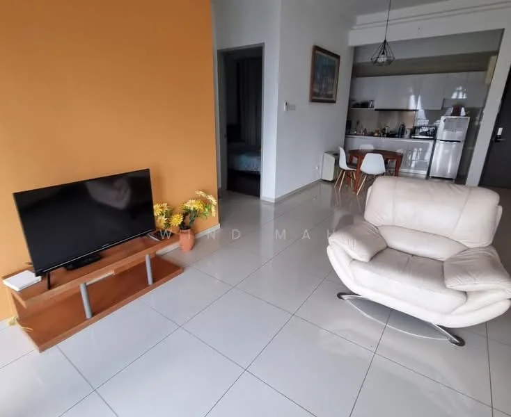 Living features: cream leather armchair, black flat-screen TV on wooden stand, orange accent wall, white tiled flooring, recessed ceiling lights, small potted yellow flowers, open layout to kitchen, dining area with white chairs visible; style: modern.