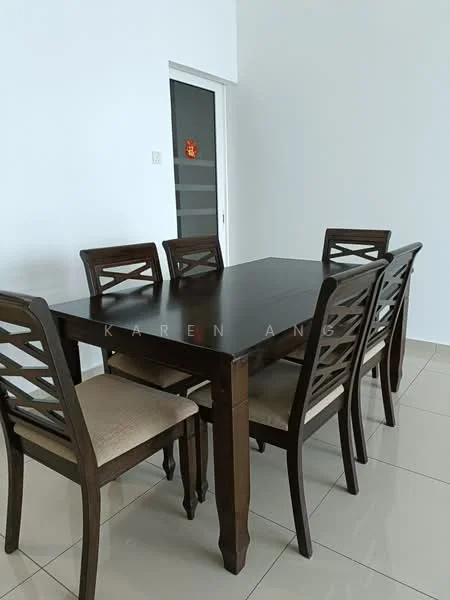 Dining features: dark wood dining table, 6-seater dining table, wooden dining chairs with upholstered seats, cream fabric seat cushions, glossy tile flooring, white painted walls, large window with glass door, minimalist decor; style: modern.
